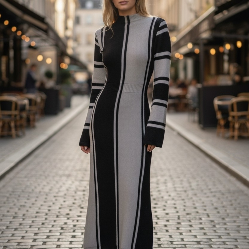 SHEIN Black and Gray Long Sleeve Dress